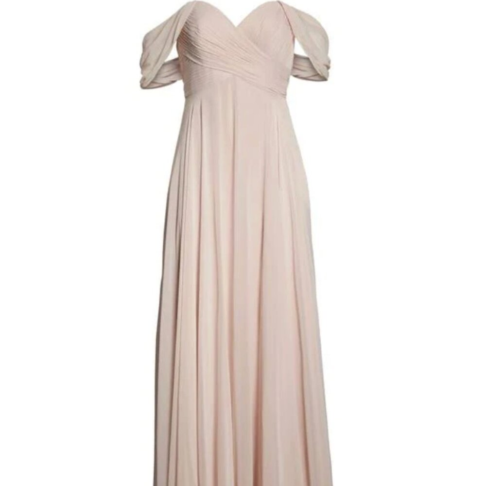Dessy Collection Off-The-Shoulder Draped Chiffon Maxi Dress in Blush (size 2)